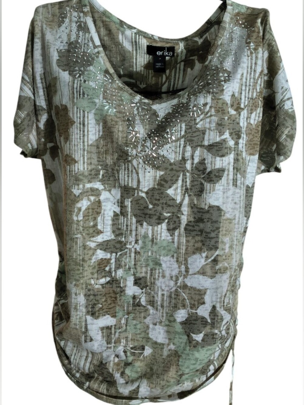 Erika Olive Green and White Floral Studded Short Sleeve Tee Size Med